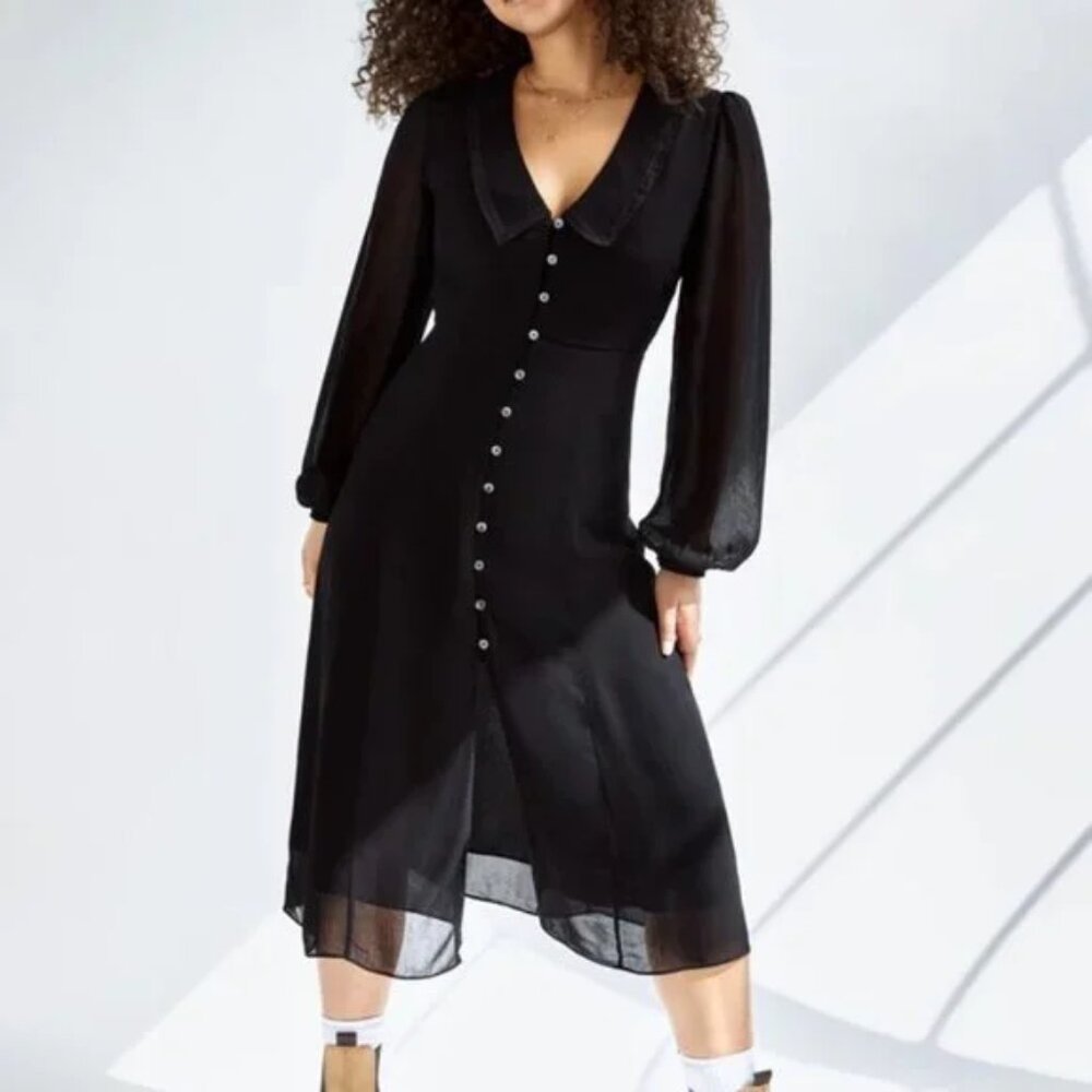 Aritzia Wilfred Black Button Puff Sleeve Midi Elsa Dress Lace Collar EUC